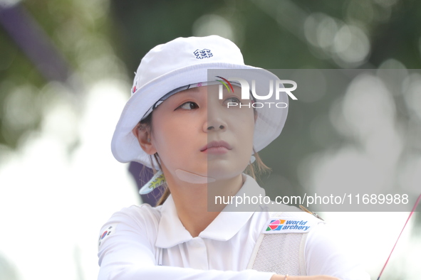 Jeon Hunyoung of Korea competes against Alejandra Valencia of Mexico (not in picture) during the women's recurve 3rd place match on the fina...