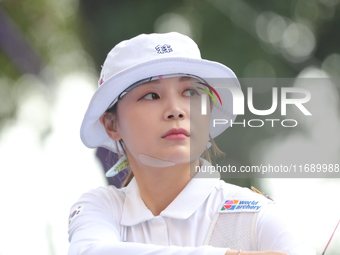 Jeon Hunyoung of Korea competes against Alejandra Valencia of Mexico (not in picture) during the women's recurve 3rd place match on the fina...