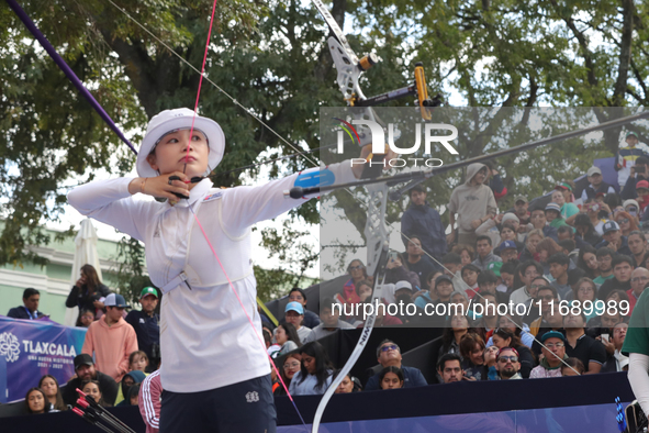 Jeon Hunyoung of Korea competes against Alejandra Valencia of Mexico (not in picture) during the women's recurve 3rd place match on the fina...