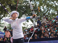 Jeon Hunyoung of Korea competes against Alejandra Valencia of Mexico (not in picture) during the women's recurve 3rd place match on the fina...