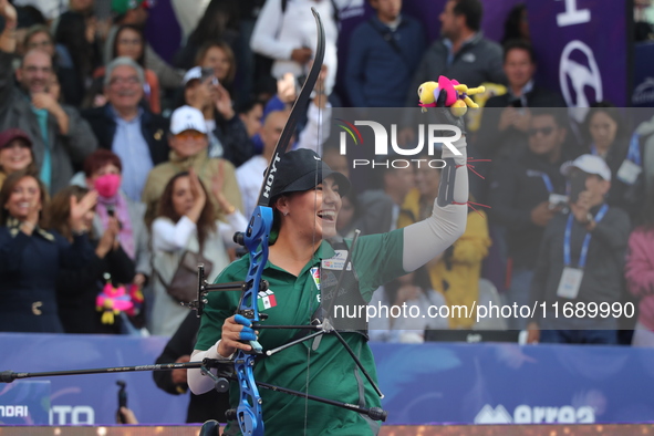 Alejandra Valencia of Mexico competes against Jeon Hunyoung of Korea (not in picture) during the women's recurve 3rd place match on the fina...