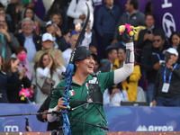 Alejandra Valencia of Mexico competes against Jeon Hunyoung of Korea (not in picture) during the women's recurve 3rd place match on the fina...