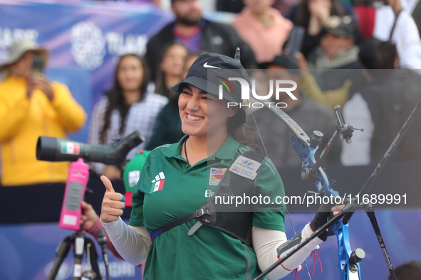 Alejandra Valencia of Mexico competes against Jeon Hunyoung of Korea (not in picture) during the women's recurve 3rd place match on the fina...