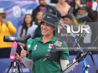 Alejandra Valencia of Mexico competes against Jeon Hunyoung of Korea (not in picture) during the women's recurve 3rd place match on the fina...