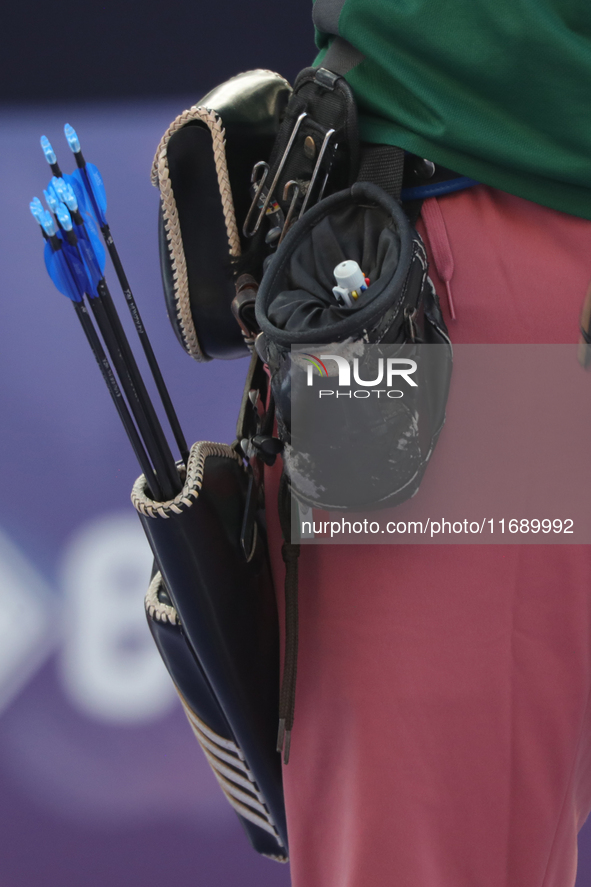 Alejandra Valencia of Mexico competes against Jeon Hunyoung of Korea (not in picture) during the women's recurve 3rd place match on the fina...