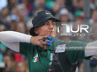 Alejandra Valencia of Mexico competes against Jeon Hunyoung of Korea (not in picture) during the women's recurve 3rd place match on the fina...