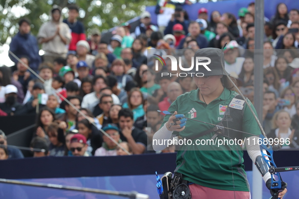 Alejandra Valencia of Mexico competes against Jeon Hunyoung of Korea (not in picture) during the women's recurve 3rd place match on the fina...