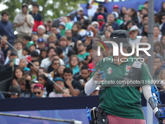 Alejandra Valencia of Mexico competes against Jeon Hunyoung of Korea (not in picture) during the women's recurve 3rd place match on the fina...