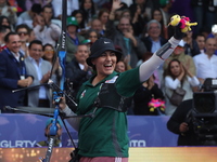 Alejandra Valencia of Mexico competes against Jeon Hunyoung of Korea (not in picture) during the women's recurve 3rd place match on the fina...