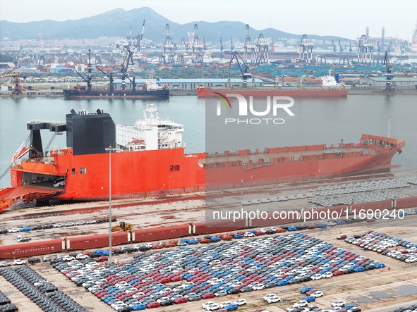 Chinese-made cars are assembled at Yantai Port for shipment for export in Yantai, China, on October 21, 2024. According to the General Admin...