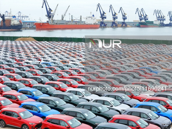 Chinese-made cars are assembled at Yantai Port for shipment for export in Yantai, China, on October 21, 2024. According to the General Admin...