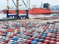 Chinese-made cars are assembled at Yantai Port for shipment for export in Yantai, China, on October 21, 2024. According to the General Admin...