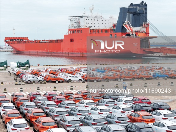 Chinese-made cars are assembled at Yantai Port for shipment for export in Yantai, China, on October 21, 2024. According to the General Admin...