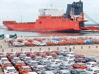 Chinese-made cars are assembled at Yantai Port for shipment for export in Yantai, China, on October 21, 2024. According to the General Admin...