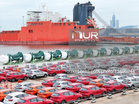 Chinese-made cars are assembled at Yantai Port for shipment for export in Yantai, China, on October 21, 2024. According to the General Admin...