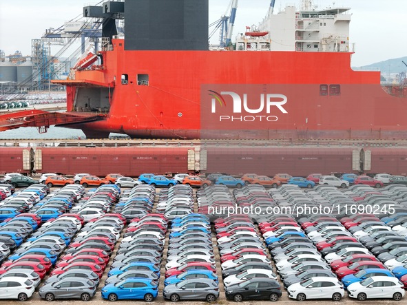 Chinese-made cars are assembled at Yantai Port for shipment for export in Yantai, China, on October 21, 2024. According to the General Admin...