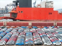 Chinese-made cars are assembled at Yantai Port for shipment for export in Yantai, China, on October 21, 2024. According to the General Admin...