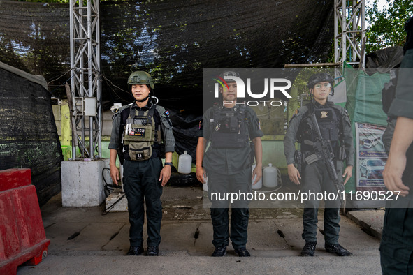 Armed soldiers work at a checkpoint in Yala Province, Thailand, on October 21, 2024. Yala is one of three provinces in Thailand's Deep South...