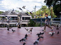 A boy plays with pigeons near Sud Siam Park in Betong, Thailand, on October 21, 2024. (