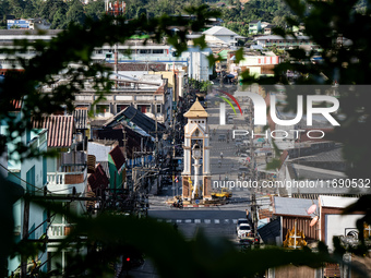 A general view of the clock tower and city center of Betong in Yala Province, Thailand, on October 21, 2024. (