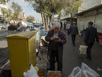 An Iranian vendor checks a card reader while standing outside a bazaar in the historical city of Tabriz, located 624 km (388 miles) northwes...