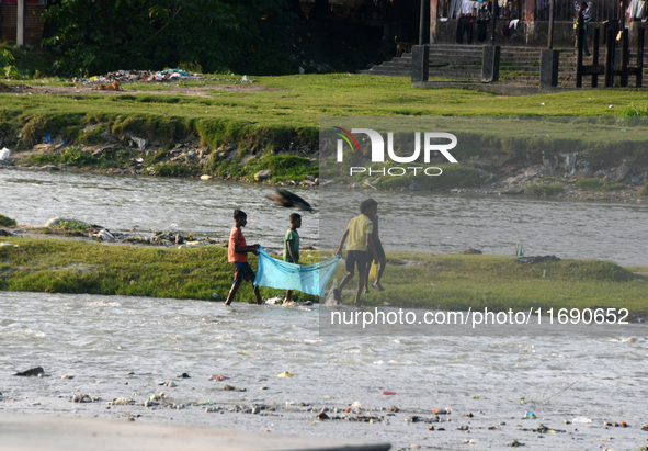 Children use mosquito nets as they try to catch fish in the polluted river water of Mahananda in Siliguri, India, on October 21, 2024. 