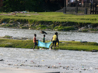 Children use mosquito nets as they try to catch fish in the polluted river water of Mahananda in Siliguri, India, on October 21, 2024. (