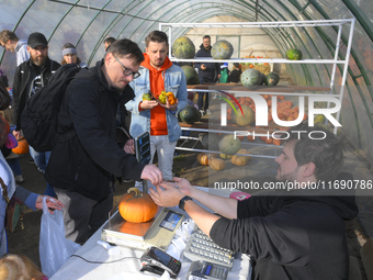 A man buys a pumpkin during a pumpkin festival in Warsaw, Poland, on October 20, 2024. (