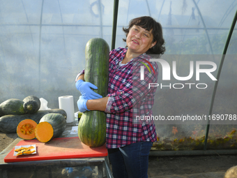 A vendor lifts a Long of Naples squash during a pumpkin festival in Warsaw, Poland, on October 20, 2024 (