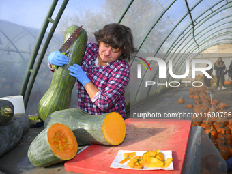 A vendor cuts a Long of Naples squash during a pumpkin festival in Warsaw, Poland, on October 20, 2024. (