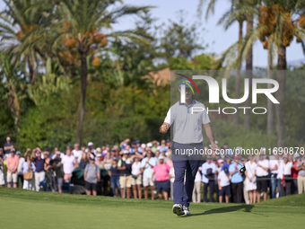 Jorge Campillo of Spain reacts on the 18th green during the play-off on day four of the Estrella Damm N.A. Andalucia Masters 2024 at Real Cl...