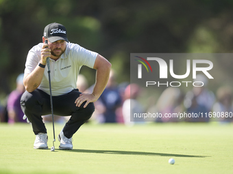 Jordan Smith of England studies his shot on the 18th green during day four of the Estrella Damm N.A. Andalucia Masters 2024 at Real Club de...