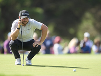 Jordan Smith of England studies his shot on the 18th green during day four of the Estrella Damm N.A. Andalucia Masters 2024 at Real Club de...