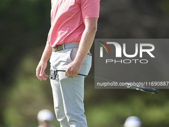 Jacques Kruyswijk of South Africa reacts on the 18th green during day four of the Estrella Damm N.A. Andalucia Masters 2024 at Real Club de...