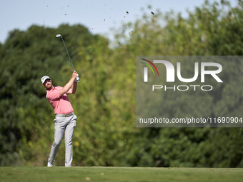 Jacques Kruyswijk of South Africa plays his second shot on the 15th hole during day four of the Estrella Damm N.A. Andalucia Masters 2024 at...