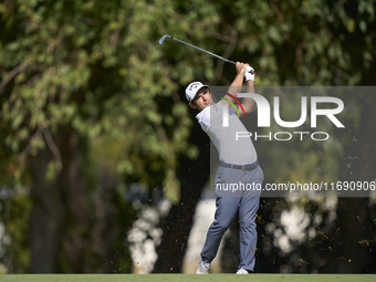 Fabrizio Zanotti of Paraguay plays his second shot on the 15th hole during day four of the Estrella Damm N.A. Andalucia Masters 2024 at Real...