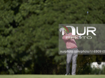 Justin Harding of South Africa plays his second shot on the 15th hole during day four of the Estrella Damm N.A. Andalucia Masters 2024 at Re...