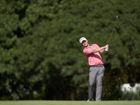 Justin Harding of South Africa plays his second shot on the 15th hole during day four of the Estrella Damm N.A. Andalucia Masters 2024 at Re...