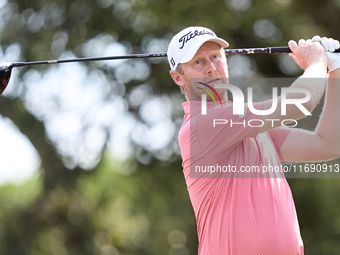 Justin Harding of South Africa tees off on the 5th hole during day four of the Estrella Damm N.A. Andalucia Masters 2024 at Real Club de Gol...