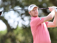 Justin Harding of South Africa tees off on the 5th hole during day four of the Estrella Damm N.A. Andalucia Masters 2024 at Real Club de Gol...