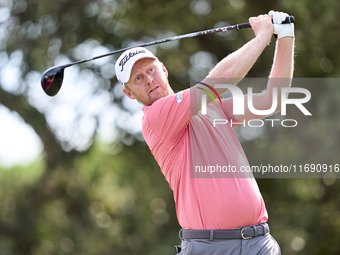 Justin Harding of South Africa tees off on the 5th hole during day four of the Estrella Damm N.A. Andalucia Masters 2024 at Real Club de Gol...