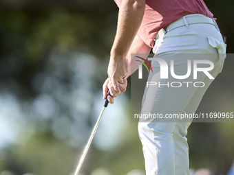 Jon Rahm of Spain plays a shot on the 1st green during day four of the Estrella Damm N.A. Andalucia Masters 2024 at Real Club de Golf Sotogr...