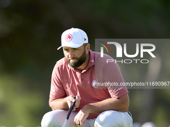 Jon Rahm of Spain studies his shot on the 1st green during day four of the Estrella Damm N.A. Andalucia Masters 2024 at Real Club de Golf So...