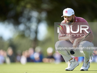 Jon Rahm of Spain studies his shot on the 1st green during day four of the Estrella Damm N.A. Andalucia Masters 2024 at Real Club de Golf So...