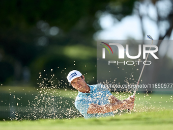 Johannes Veerman of the USA plays his shot out of a bunker on the 1st hole during day four of the Estrella Damm N.A. Andalucia Masters 2024...