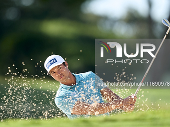 Johannes Veerman of the USA plays his shot out of a bunker on the 1st hole during day four of the Estrella Damm N.A. Andalucia Masters 2024...