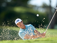 Johannes Veerman of the USA plays his shot out of a bunker on the 1st hole during day four of the Estrella Damm N.A. Andalucia Masters 2024...