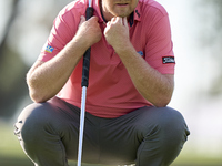 Justin Harding of South Africa studies his shot on the 1st green during day four of the Estrella Damm N.A. Andalucia Masters 2024 at Real Cl...