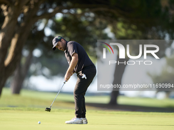 Romain Langasque of France plays a shot on the 1st green during day four of the Estrella Damm N.A. Andalucia Masters 2024 at Real Club de Go...