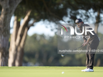 Angel Hidalgo of Spain plays a shot on the 1st green during day four of the Estrella Damm N.A. Andalucia Masters 2024 at Real Club de Golf S...